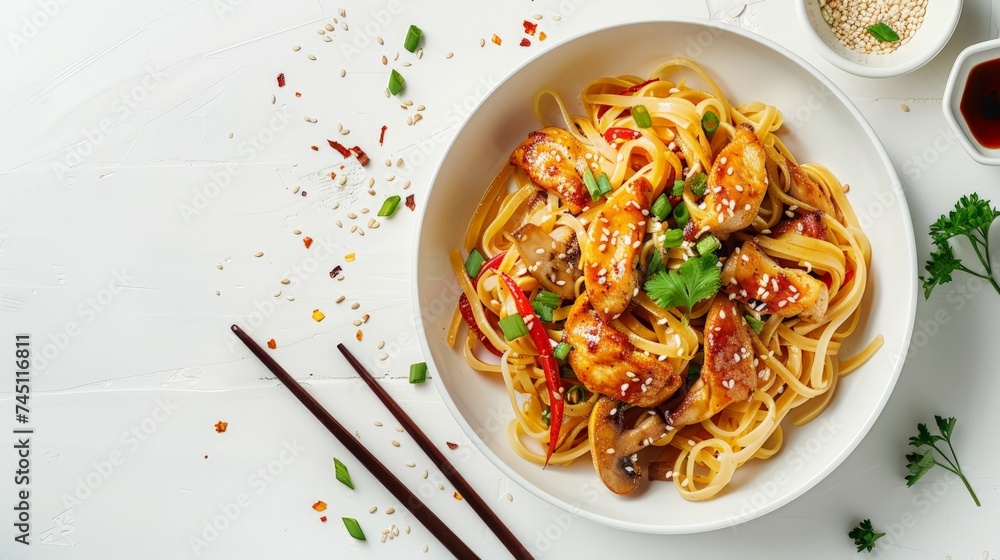 Wall mural Stir fry egg noodles with chicken, sweet paprika, mushrooms, chives and sesame seeds in bowl. Asian cuisine dish. White table background - Wall murals