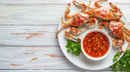 steamed crabs with spicy dipping sauce in white ceramic plate on white old wood texture background with copy space for text, top view, - obrazy, fototapety, plakaty