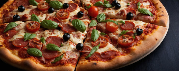 Fresh delicious pizza on black background
