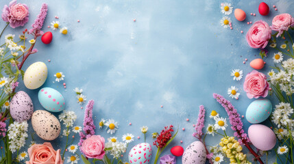 Fototapeta na wymiar Easter eggs and colorful flowers as decorative wallpaper background illustration with copy space