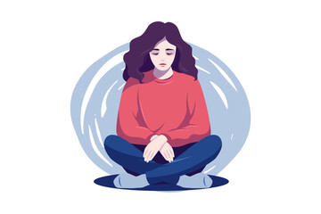 Tired woman sitting and thinking over problems. Concept emotional burnout or mental disorder. Vector flat