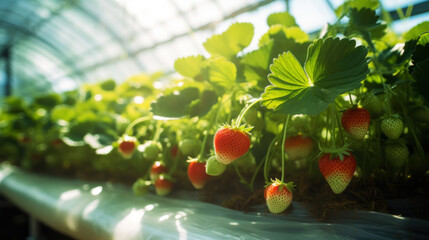 Rows of fresh strawberries grown in greenhouses. Organic agriculture concept. Generative AI