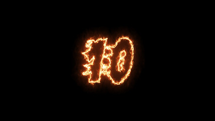 fire effect glowing number 10. Number ten glowing in the black background. Shine number ten, 3d render. 10 number text font with neon light. Education concept.