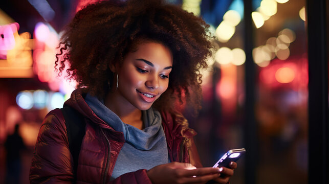 Beautiful african american woman checking her phone and standing against big city nightlife on blurred background