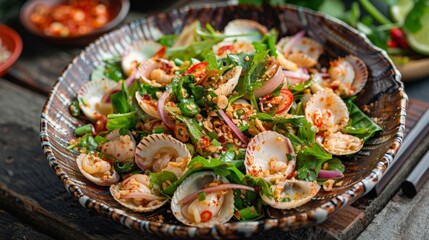 Thai street food concept : Spicy blood cockle salad ( Tum Hoi Klang) - obrazy, fototapety, plakaty