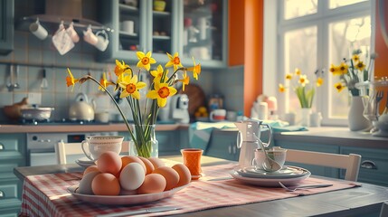 Festive decoration of the colorful eggs and daffodill easter kitchen and table setting - obrazy, fototapety, plakaty