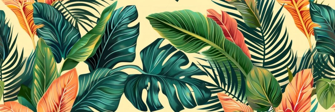 Fototapeta Tropical Retro Palm Leaf Pattern Generative AI