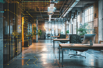 Fototapeta na wymiar A minimalist photo capturing the sleek lines and modern design of an open space office interior, with subtle information technology overlay creating a futuristic atmosphere, photo