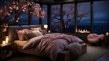 An inviting bedroom with subtle petal bedding and midnight moon accent wall