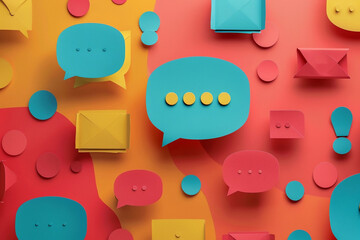 Colorful collage of speech bubbles and envelopes on a white background.