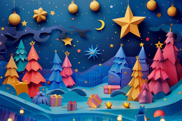 Papercut Christmas scene with colorful trees, gifts, and stars.