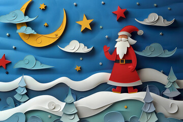 Paper sculpture of Santa Claus in red suit, standing on snowy hilltop.
