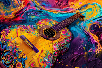 Vibrant painting of an acoustic guitar with swirling floral and geometric patterns.