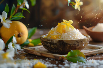 Bowl of rice topped with yellow mangoes and flowers on a wooden table.