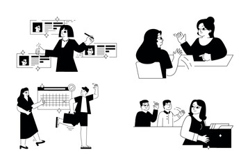 Hand Drawn Business people and teamwork in the workplace in flat style illustration for business ideas 