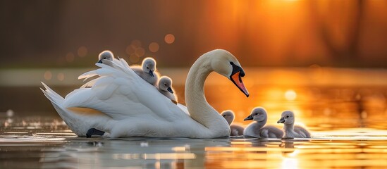 A group of swans, including adult swans and their young nestlings, gracefully swimming together in the water. The scene captures the family of swans moving through the water in a synchronized and - Powered by Adobe