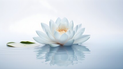 Lotus in serene bloom, its petals floating on a calm light grey pond.