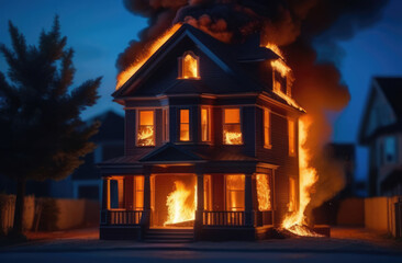 House with fire in the middle of a suburban neighborhood at night.