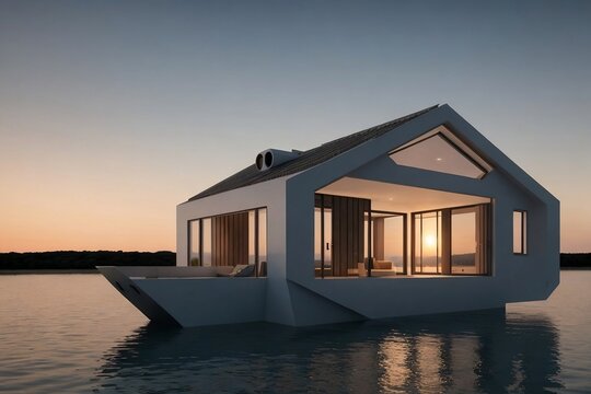 Floating house at the sunset. Beautiful floating house concept.