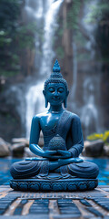 A statue of load budda of Theravada style  a low-key photo, a waterfall falling between trees in the background, blue tone generative Ai