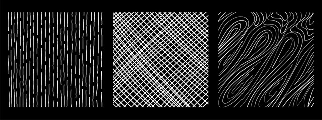 Graphic vector freehand textures set with different hand drawn squares patterns. Pencil lines on black background. - obrazy, fototapety, plakaty