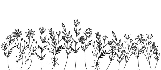 Black silhouettes of grass, flowers and herbs isolated on white background. Hand drawn sketch flowers