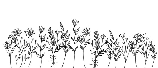 Black silhouettes of grass, flowers and herbs isolated on white background. Hand drawn sketch flowers 