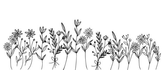 Foto op Plexiglas Black silhouettes of grass, flowers and herbs isolated on white background. Hand drawn sketch flowers  © aditha