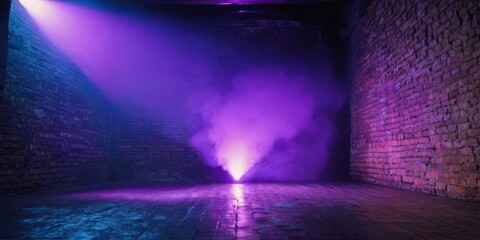 Brick wall texture pattern, blue, and purple background, an empty dark scene, laser beams, neon, spotlights reflection on the floor, and a studio room with smoke