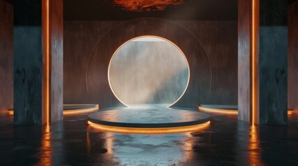 Futuristic Circular Stage with Neon Lighting in a Dark Atmospheric Setting. Product Mockup for Advertising.