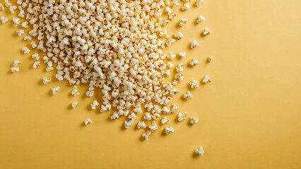 Freshly made crispy popcorn lies in pile  on yellow background. Creative concept of healthy snacks. Background of fresh popcorn. Close-up. Copy space.