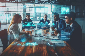 corporate strategy meeting in progress, with executives discussing finance, operations, and marketing strategies while digital overlays highlight key data points and insights, phot