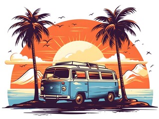 Retro surf van parked under palm trees on a beach with sun and moon