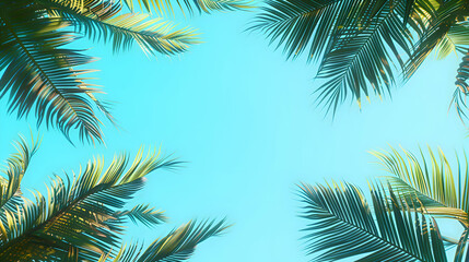 Fototapeta na wymiar Palm trees framing the corners of the image, their leaves gently rustling against a pastel blue sky, reminiscent of a tranquil tropical getaway