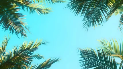 Fototapeten Palm trees framing the corners of the image, their leaves gently rustling against a pastel blue sky, reminiscent of a tranquil tropical getaway © Muhammad