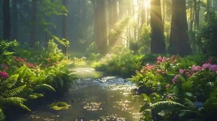 Papier Peint photo Rivière forestière Beautiful spring landscape of a small river running through forest with light shining through the tops of the trees and flowers growing on the side of the river