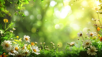 Beautiful, Natural, Vibrant Spring Background of Flowers growing in a serene forest with Light shining through the trees 