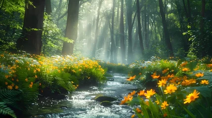 Fotobehang Beautiful spring landscape of a small river running through forest with light shining through the tops of the trees and flowers growing on the side of the river © Fabian Mohr