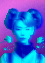 Contemporary collage portrait of a elegant, futuristic Asian woman. Modern conceptual design, neon graphics with retro effects and grain. Contemporary bright art collage. 