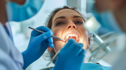 Un dentiste avec des outils en train d'analyser les dents d'une patiente.
