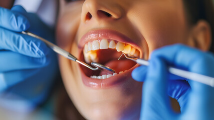Une patiente chez le dentiste pour un bilan anuel des dents. - obrazy, fototapety, plakaty