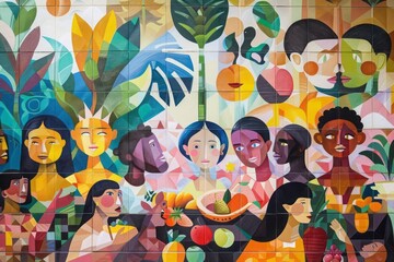 Hand-painted mural on a city wall, depicting a joyful community gathered around a bountiful vegetarian feast. - obrazy, fototapety, plakaty