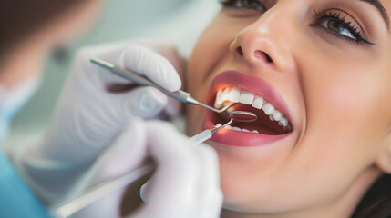 Gros plan sur les dents d'une patiente en train d'être analysées chez le dentiste.