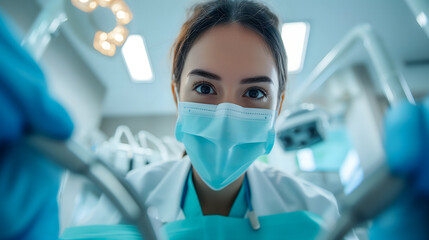 Une dentiste avec un masque chirurgical dans un cabinet dentaire. 