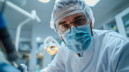 Un dentiste en train de regarder les dents d'un patient avec un masque et des lunettes de protections dans un cabinet dentaire.