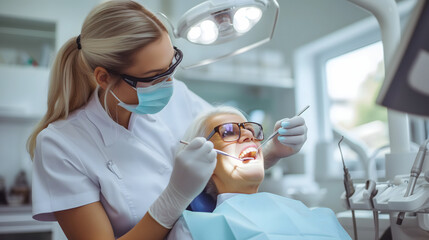 Le dentiste examine attentivement la dent de sa patiente à l'aide d'un outil spécialisé.
