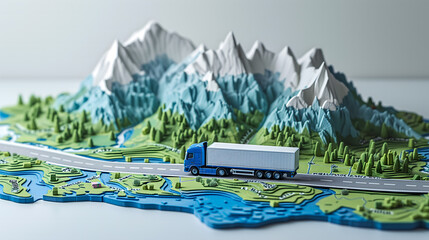 Un camion circule sur une route traversant un paysage avec des montagnes.