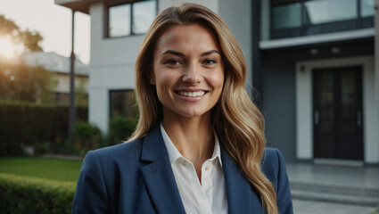 Fototapeta premium Portrait of happy young female real estate agent smiling successful businessperson executive 