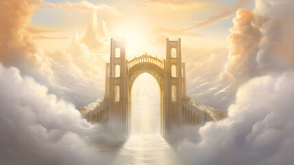 Serene Representation of Celestial Heaven with Divine Golden Gates amid Peaceful Clouds