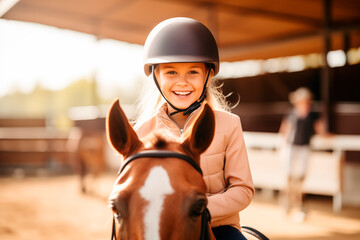 Happy blonde girl with helmet riding brown horse